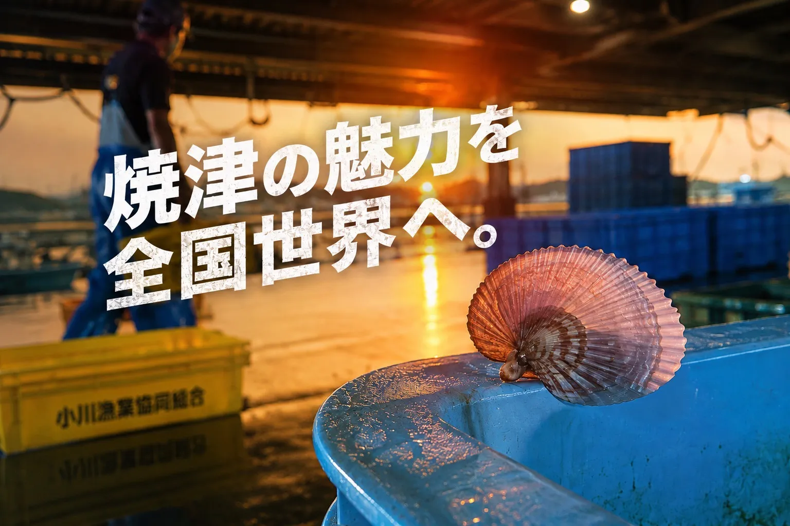 夕暮れの焼津の港とアオイガイの貝殻に「焼津の魅力を全国世界へ。」の言葉を重ねたキービジュアル