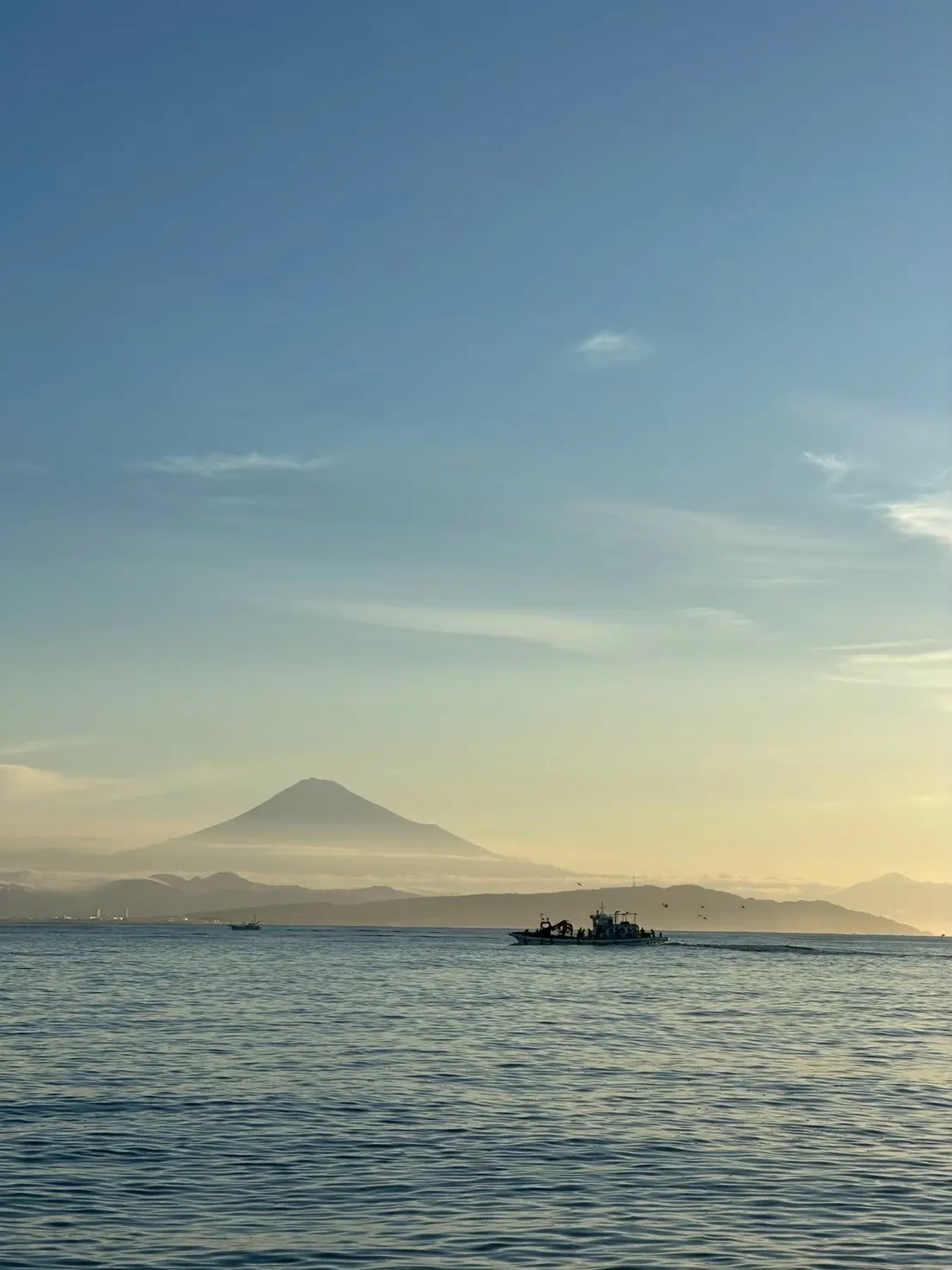 夜明けの駿河湾ごしに浮かぶ富士山と沖をゆく漁船